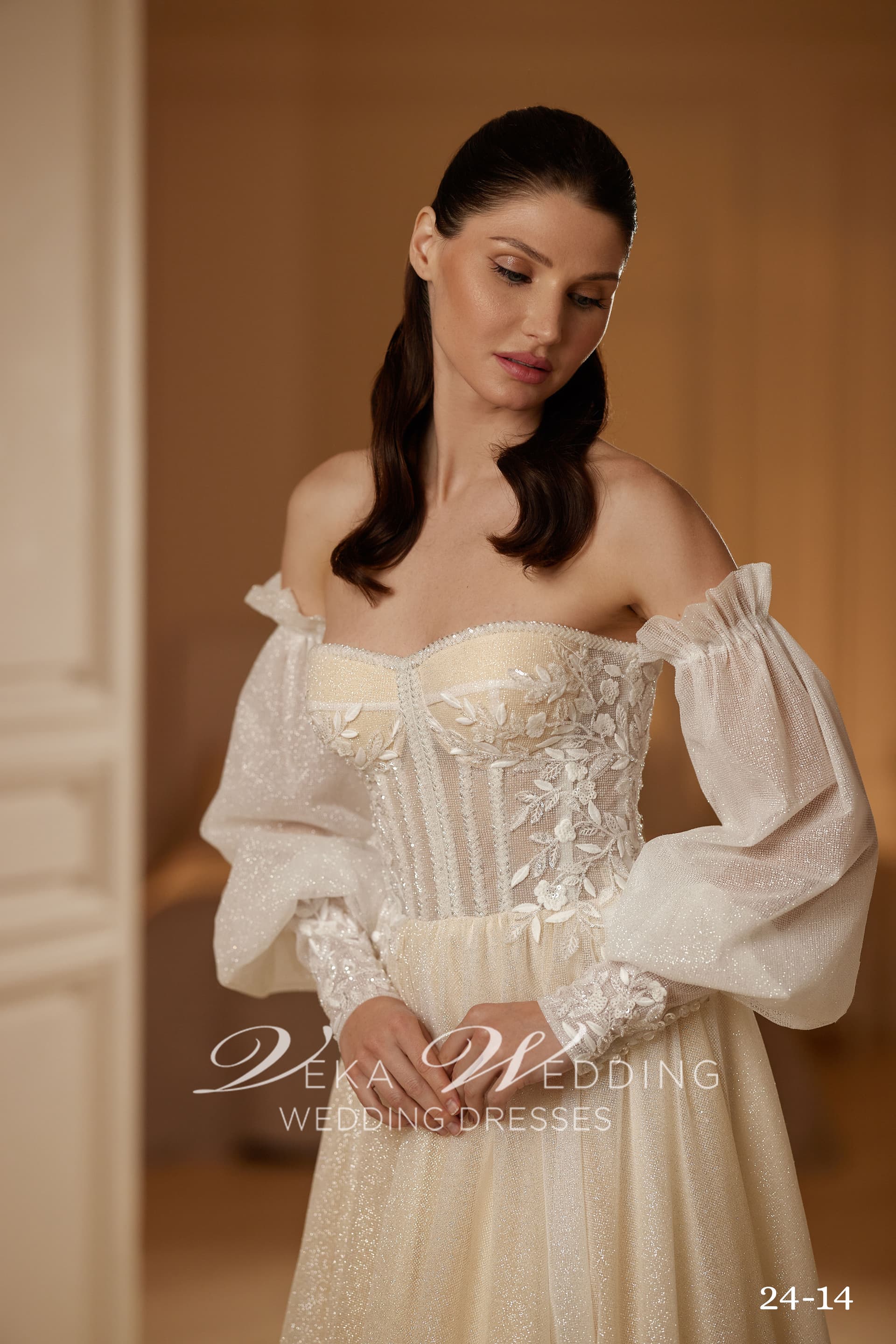 Adeline bridal gown — boned corset bodice with floral lace and shimmering off-shoulder sleeves