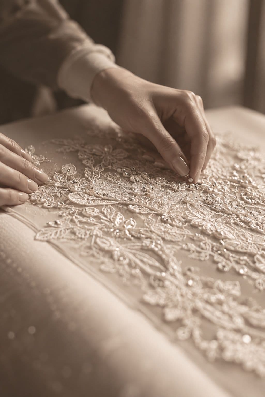 Feinste Atelier-Handwerkskunst bei VEKA Wedding — filigrane Spitzen- und Perlenstickerei von Hand